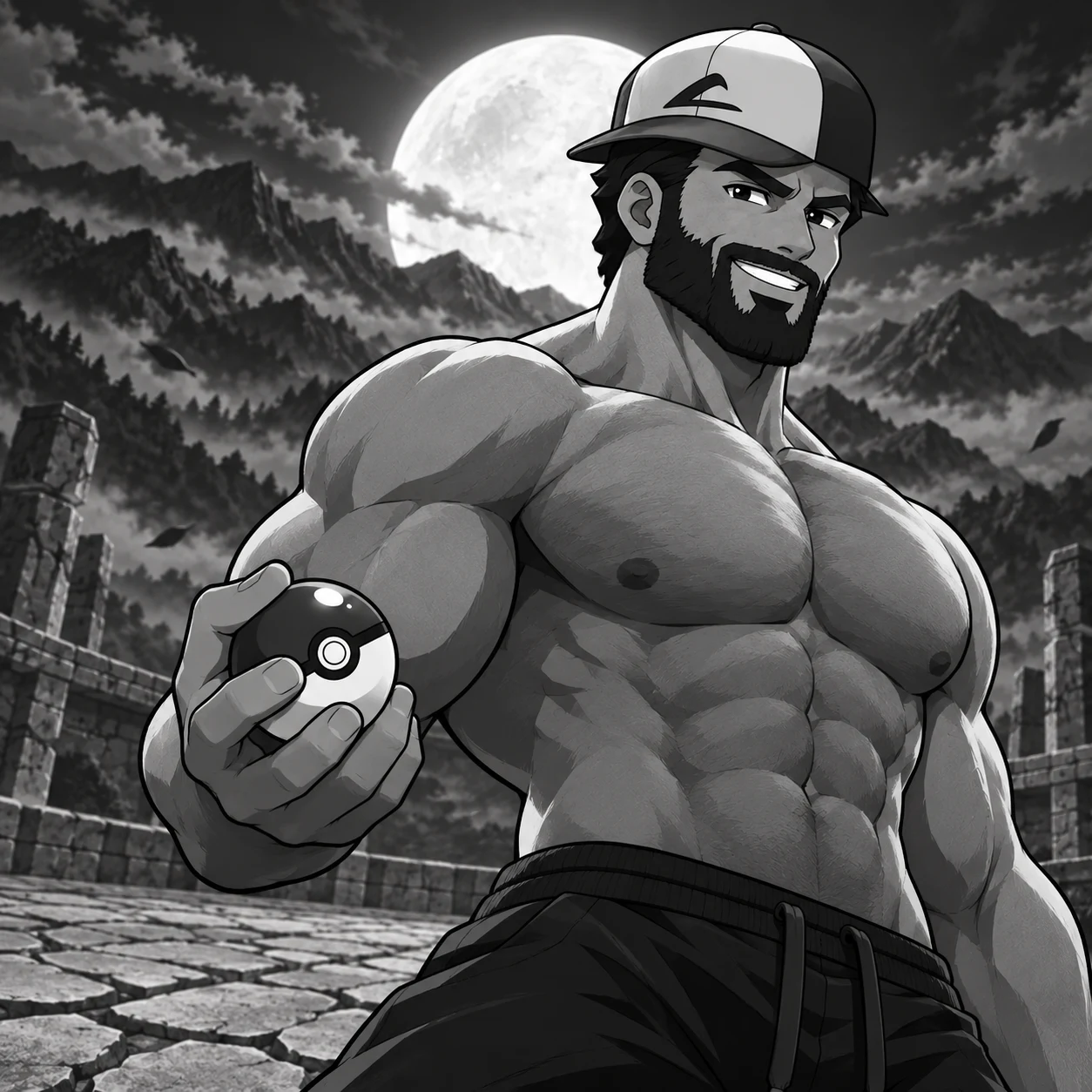 GIGAMON, a smiling bearded trainer with a muscular bare torso, cap and capture ball, entering a moonlit arena