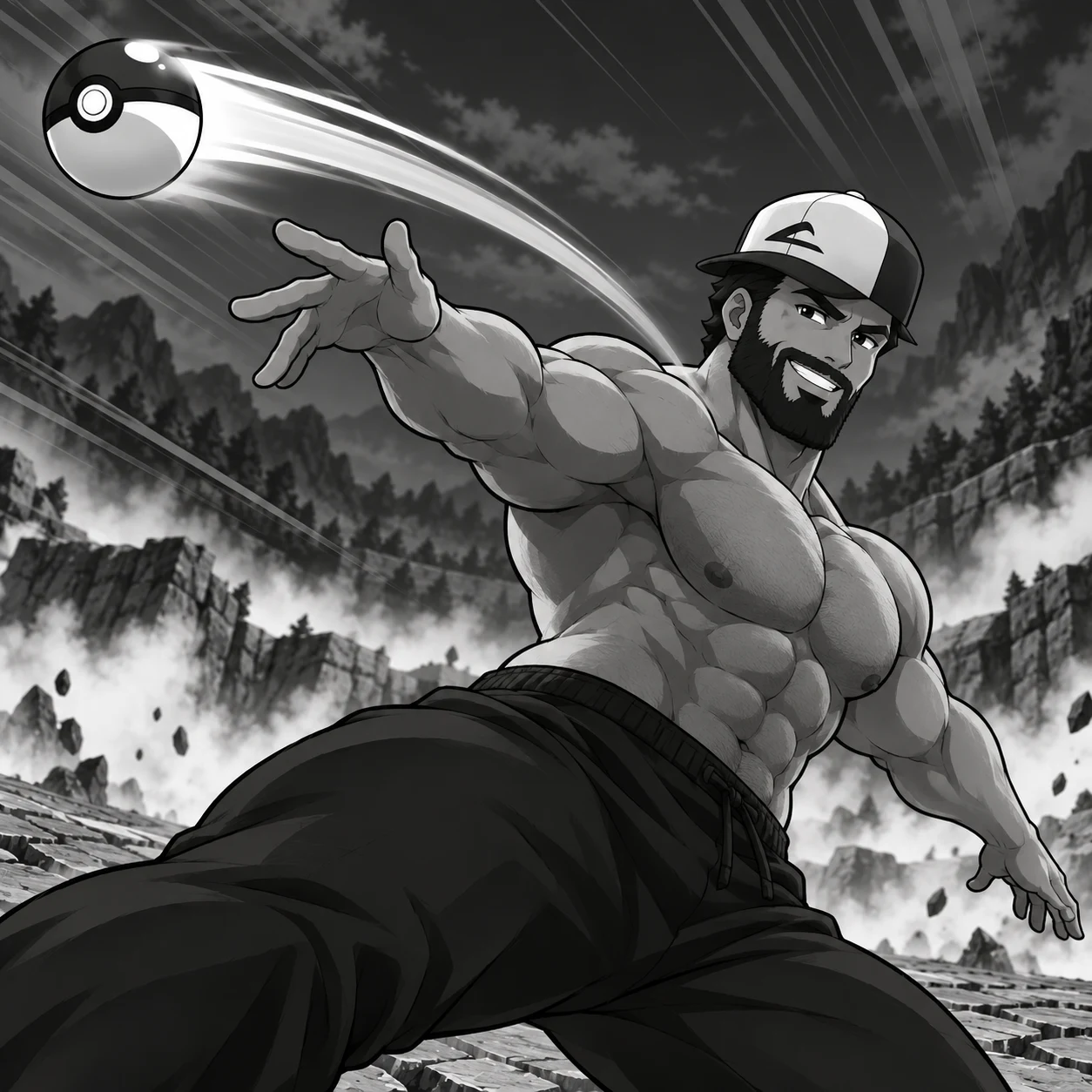 The trainer releasing a capture ball with a powerful athletic throw