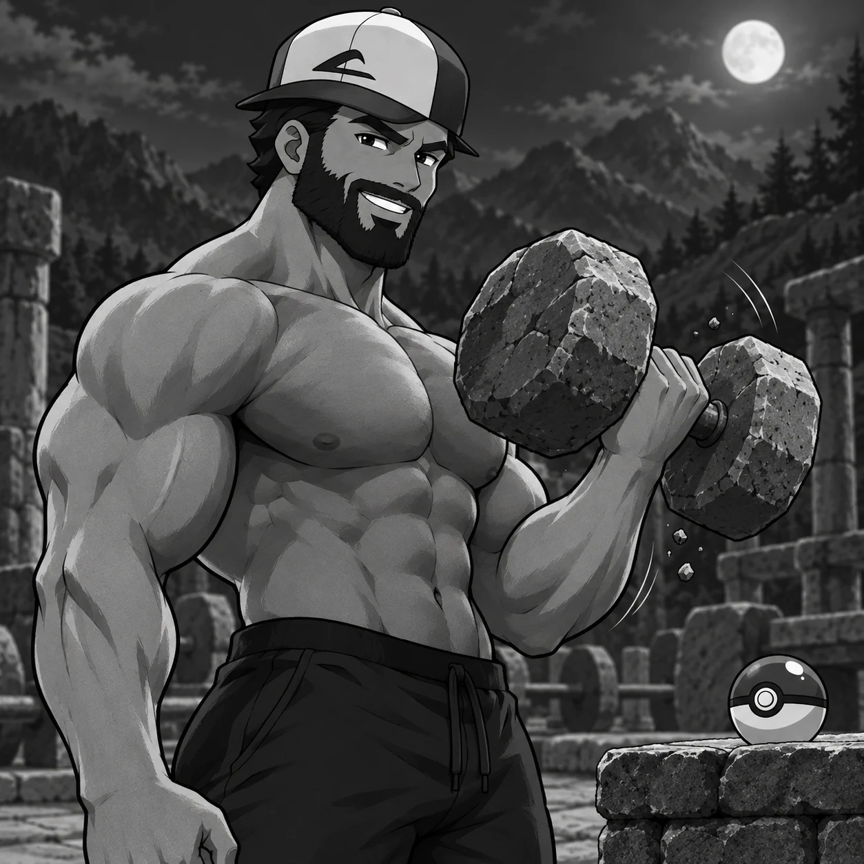 The trainer curling a huge stone dumbbell at his mountain gym