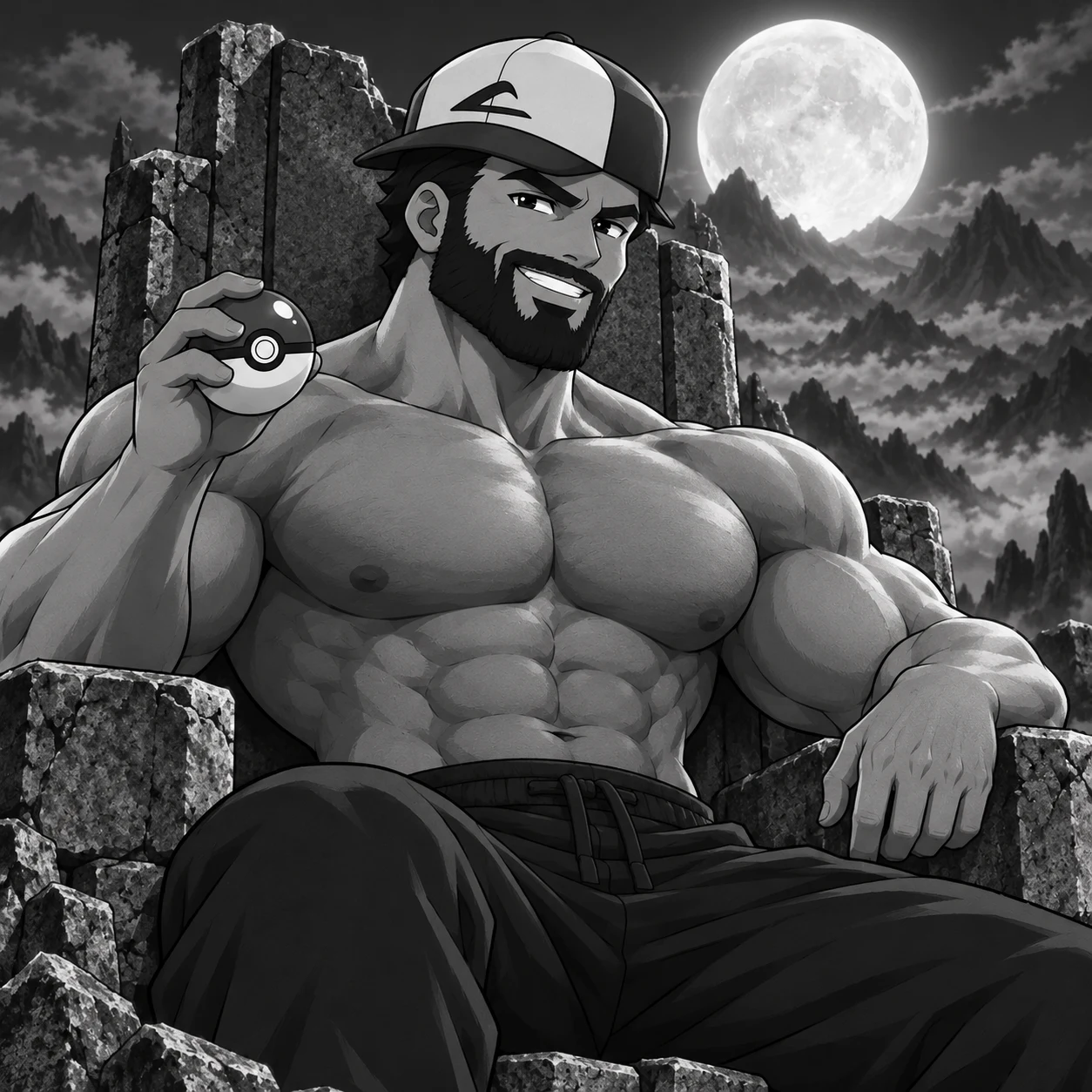 GIGAMON seated on a stone throne under a full moon